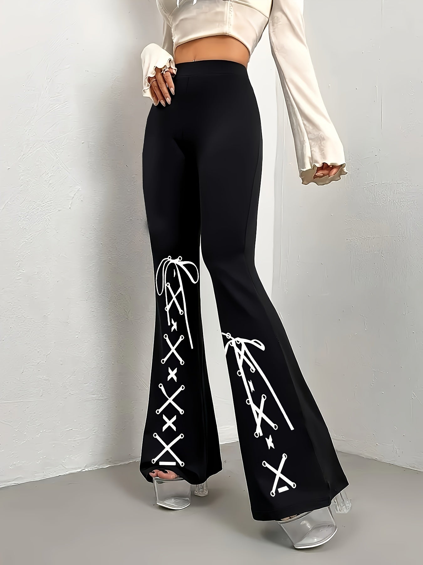 Women's Flared Pants | Black with White Lace-Up Design | Stretchy Polyester-Spandex Blend | Casual All-Season Wear | Machine Washable | Slim Fit Bell Bottoms for Everyday Style, Allseason Trousers | Stylish Casualwear | Comfo